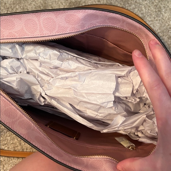 Coach Pink Signature Tote with Brown Trim and Matching Pouch - Picture 7 of 8